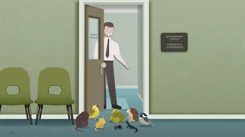 Cartoon image of a variety of wildlife knocking on a door with a human there opening the door