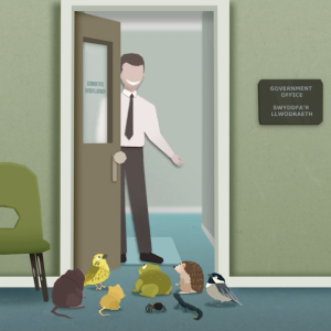 Cartoon image of a variety of wildlife knocking on a door with a human there opening the door